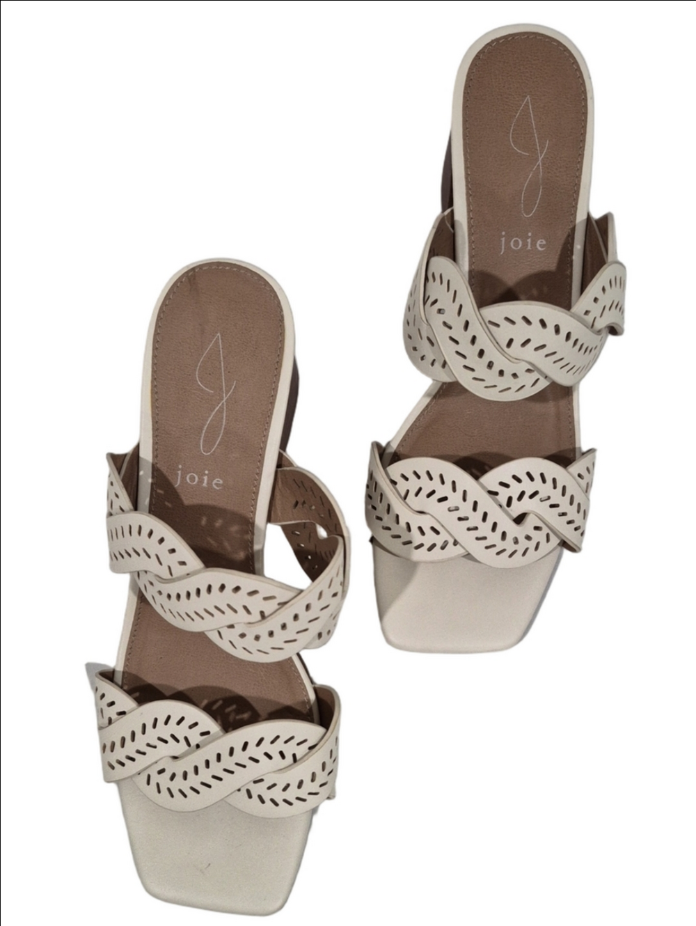 Joie Cream Braided Laser-Cut Slide Block Heel Sandals